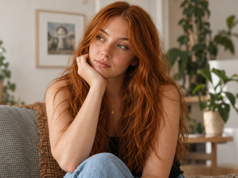 Essie at home, surrounded by plants and natural light.