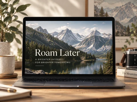 Roam Later — a travel landing page featuring a mountain lake, displayed on a laptop.