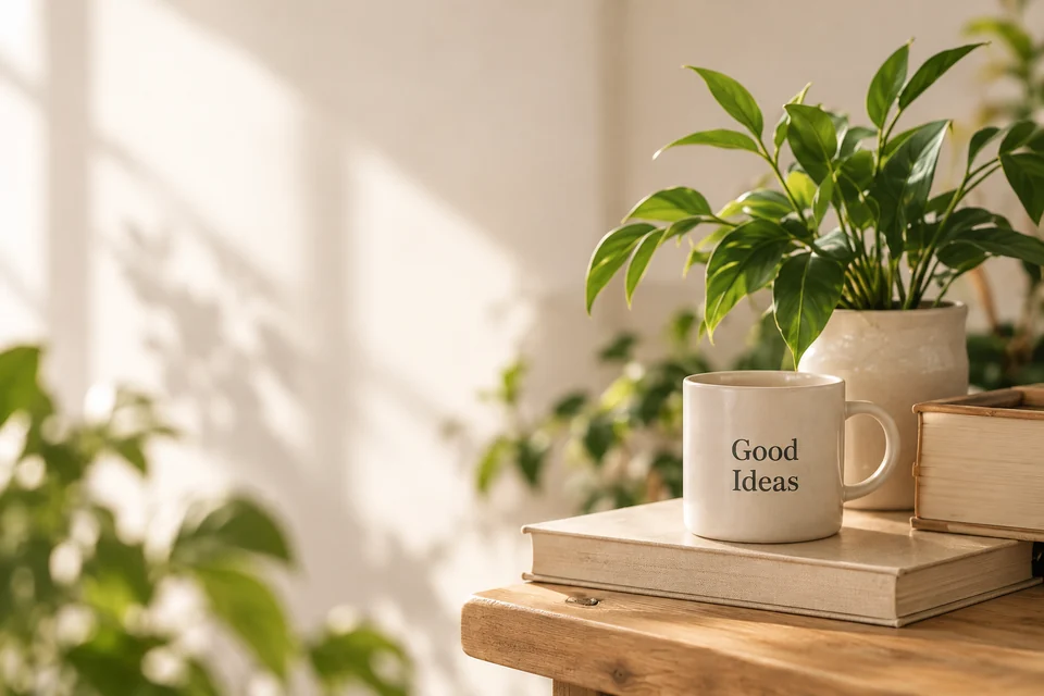 A cozy table with plants, books and a Good Ideas mug