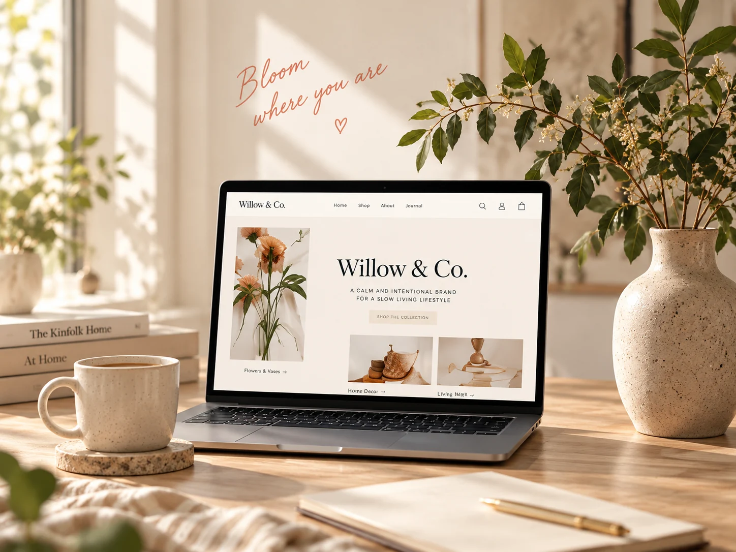 Website project displayed on a laptop in a warm workspace