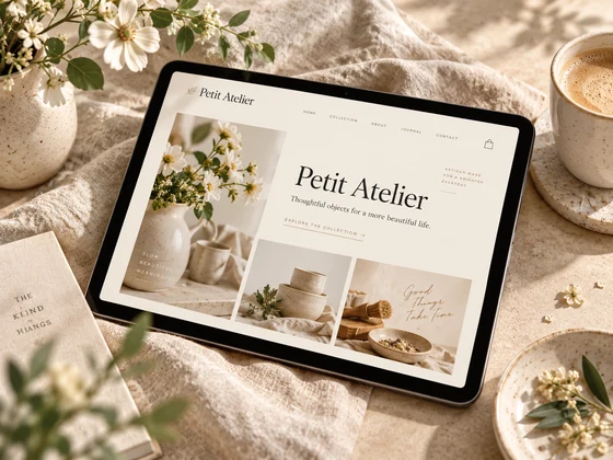 Petit Atelier editorial shop website displayed on a tablet beside flowers and ceramics.