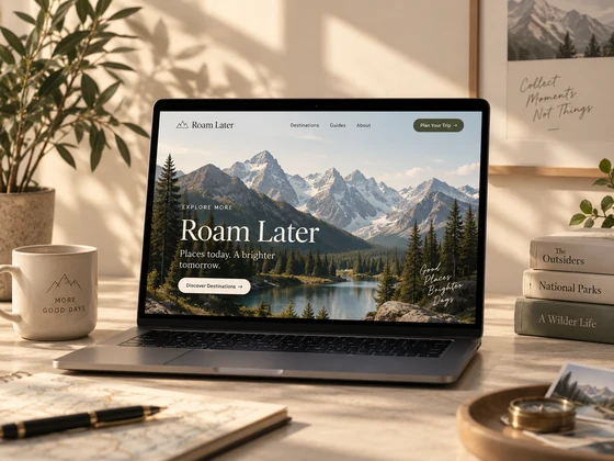 Roam Later travel landing page displayed on a laptop with a mountain landscape.