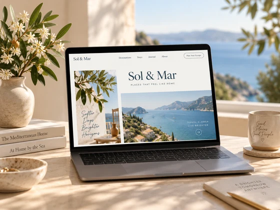 Sol and Mar travel landing page displayed on a laptop overlooking the sea.